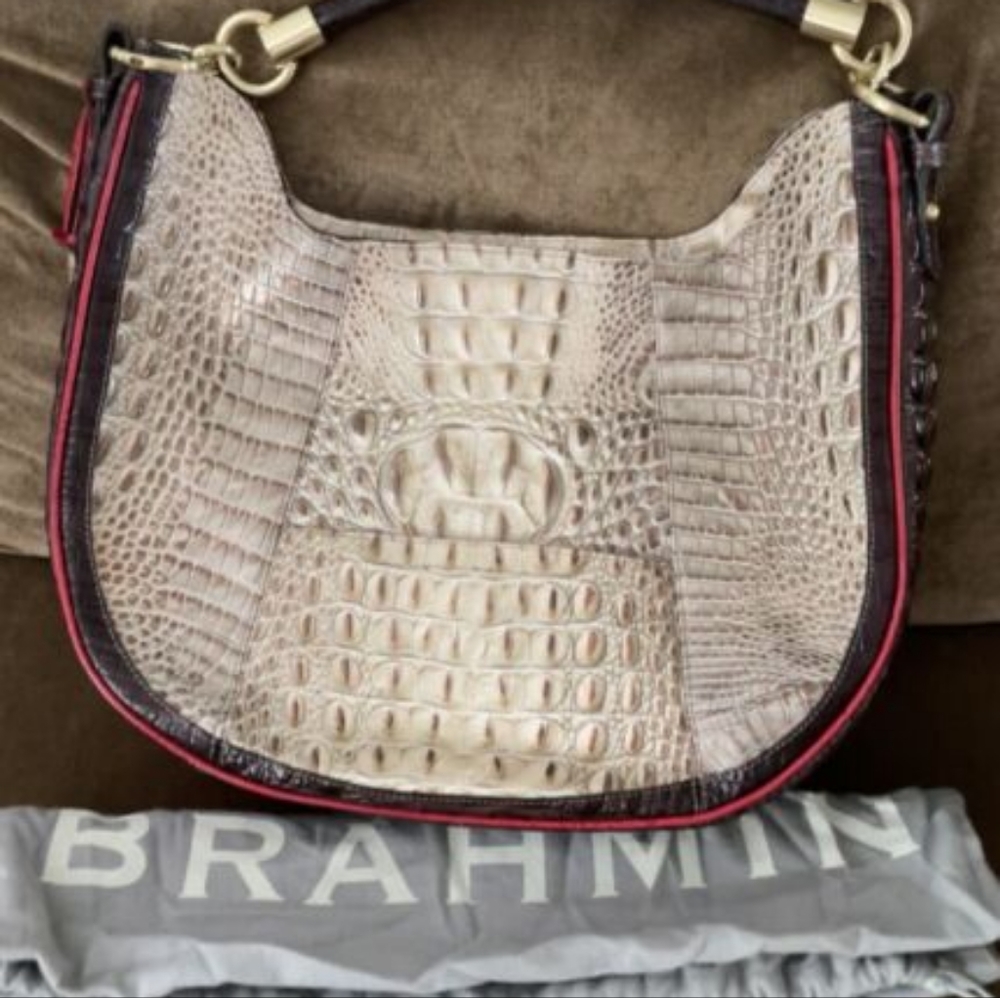 Brahmin Beige Croc-Embossed Hobo Bag with Red Trim